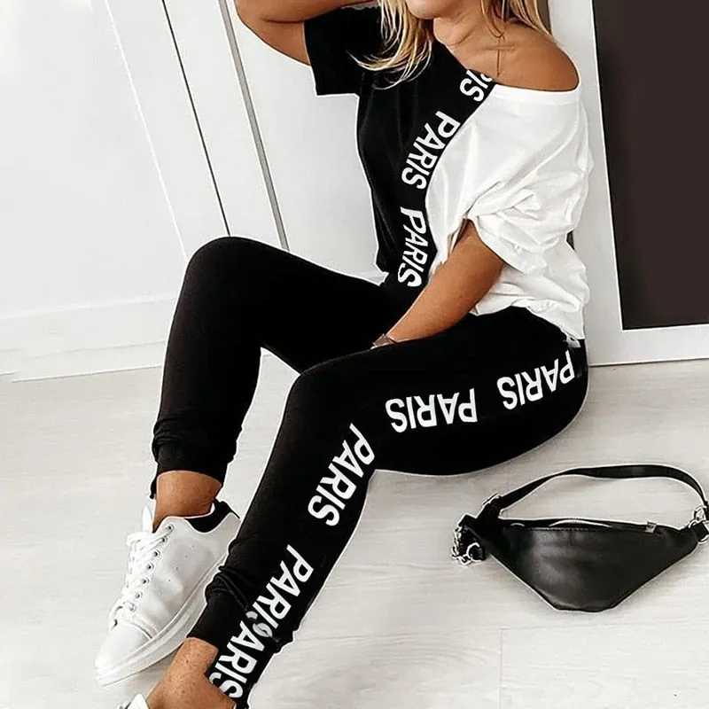 Off Shoulder Tracksuit Sets Women's 2 Piece Set Letter Print Short Sleeve Female Top Suit 2020 Summer Sport Pant Suits Ladies