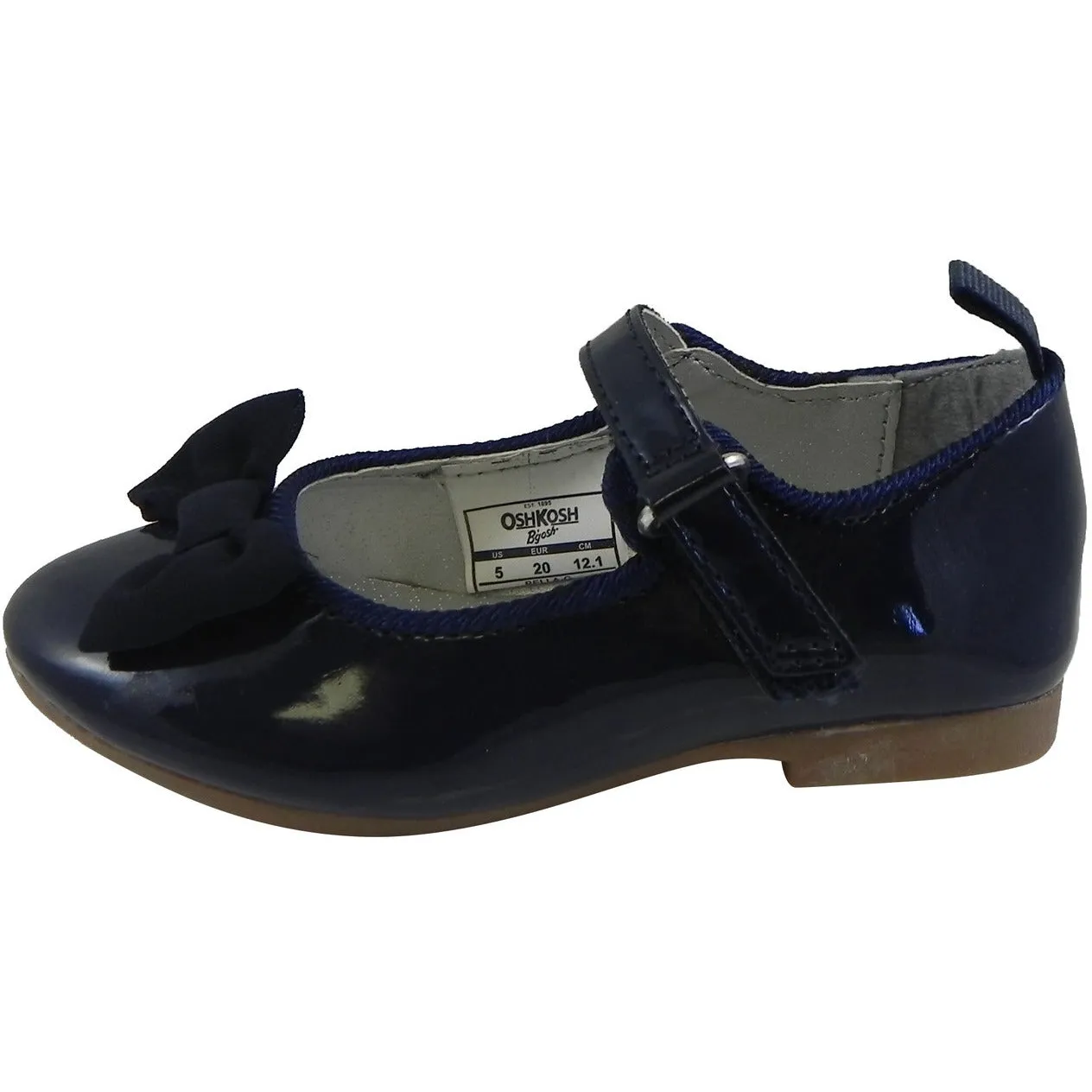 OshKosh Girl's Bella Patent Leather Hook and Loop Bow Mary Jane Flats Navy