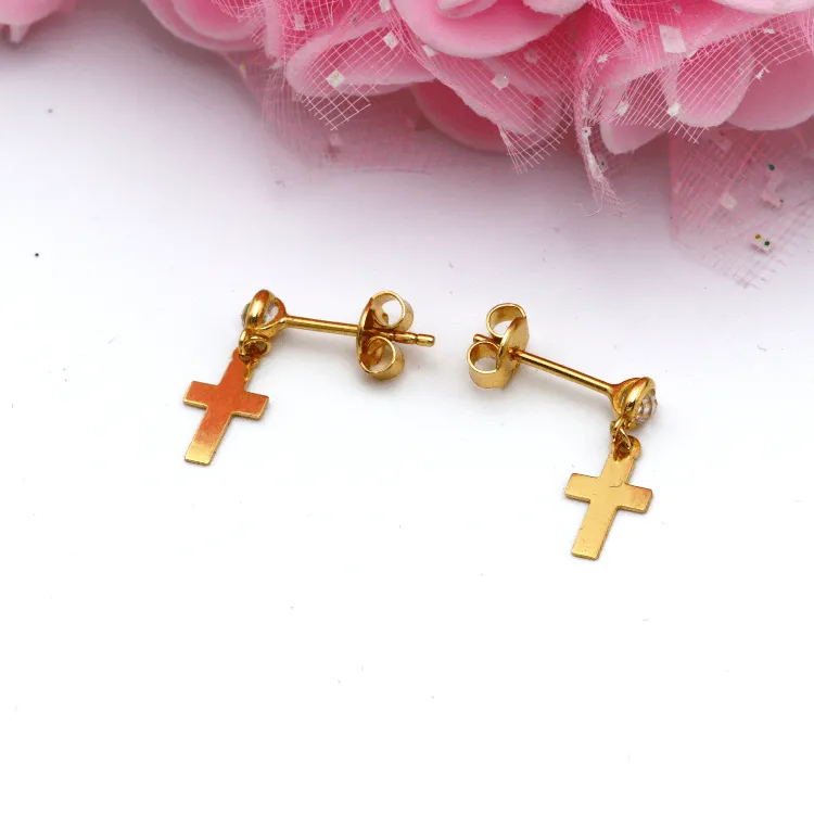 Real Gold Plain Cross Stone Hanging Stud Earring Set 0107 E1762