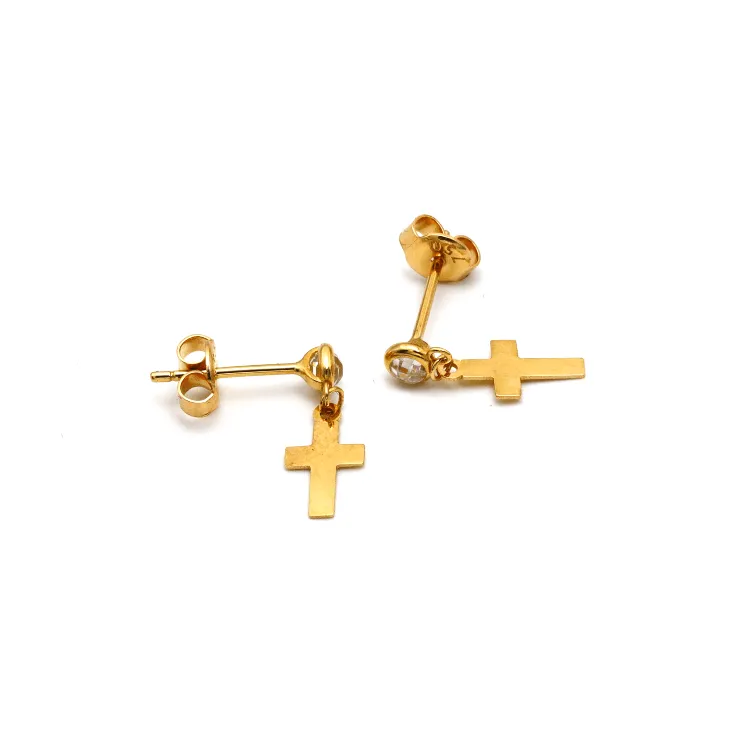 Real Gold Plain Cross Stone Hanging Stud Earring Set 0107 E1762