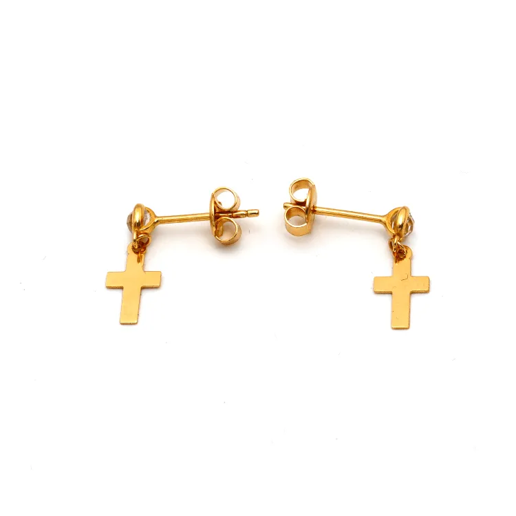 Real Gold Plain Cross Stone Hanging Stud Earring Set 0107 E1762