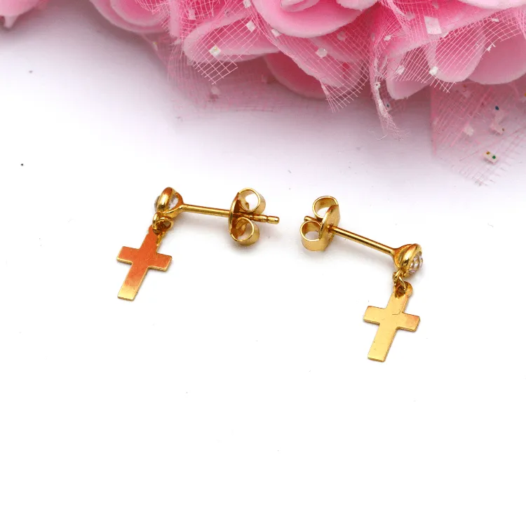 Real Gold Plain Cross Stone Hanging Stud Earring Set 0107 E1762