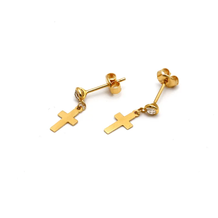 Real Gold Plain Cross Stone Hanging Stud Earring Set 0107 E1762