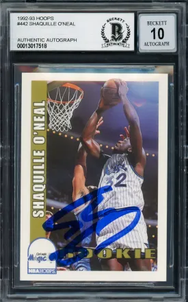 Shaquille Shaq O'Neal Autographed 1992-93 Hopps Rookie Card #442 Orlando Magic Auto Grade Gem Mint 10 Beckett BAS Stock #220146