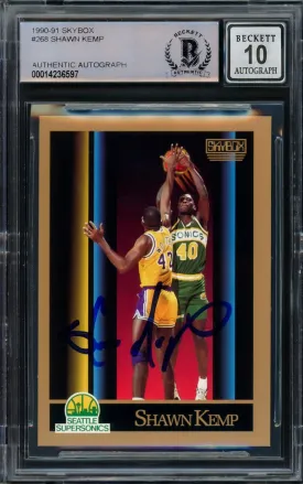 Shawn Kemp Autographed 1990 Skybox Rookie Card #268 Seattle Super Sonics Auto Grade Gem Mint 10 Beckett BAS Stock #206099