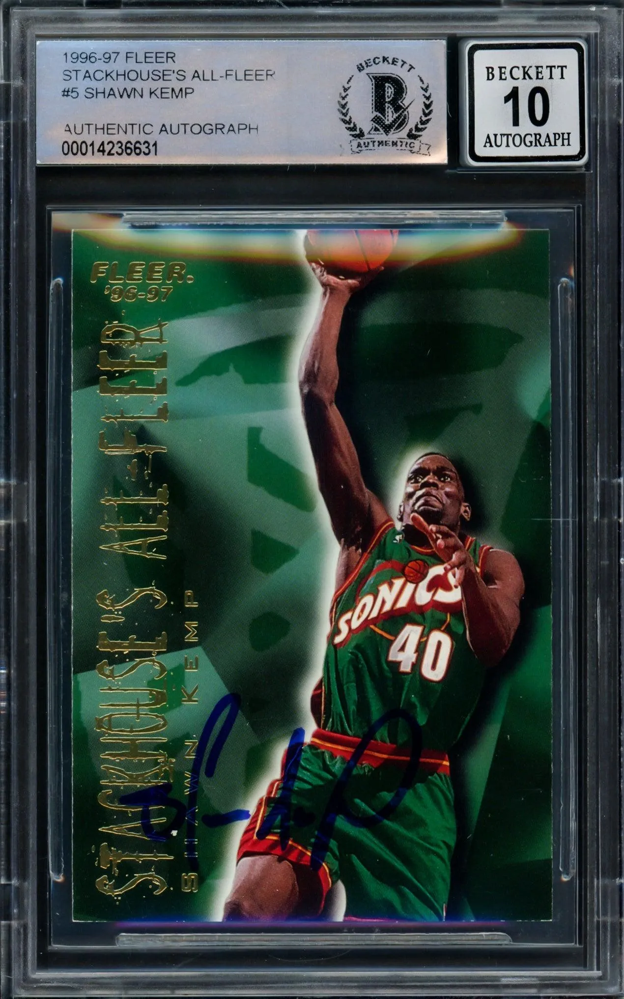 Shawn Kemp Autographed 1996 Fleer Stackhouse's All-Fleer Card #5 Seattle Super Sonics Auto Grade Gem Mint 10 Beckett BAS #14236631