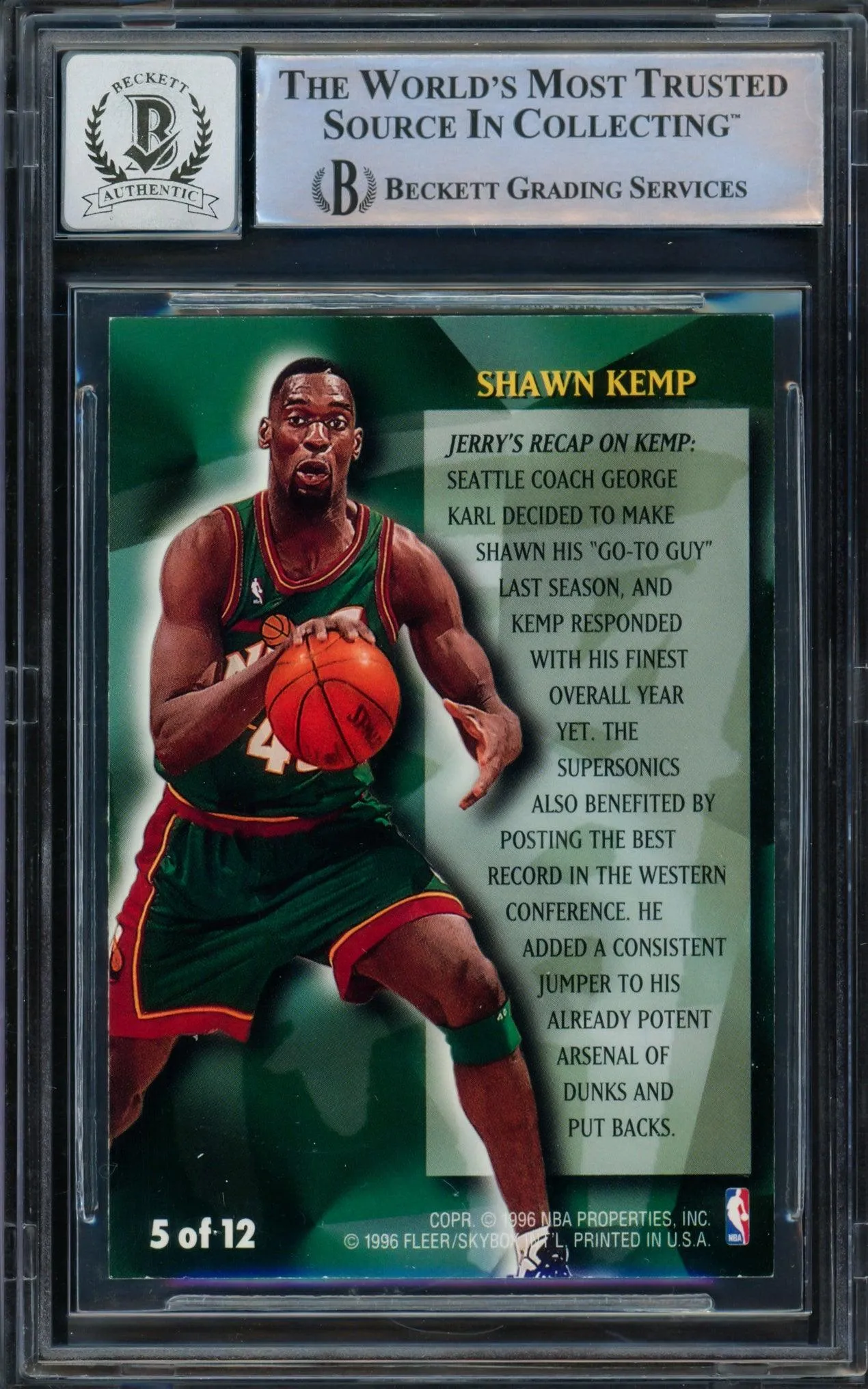 Shawn Kemp Autographed 1996 Fleer Stackhouse's All-Fleer Card #5 Seattle Super Sonics Auto Grade Gem Mint 10 Beckett BAS #14236631