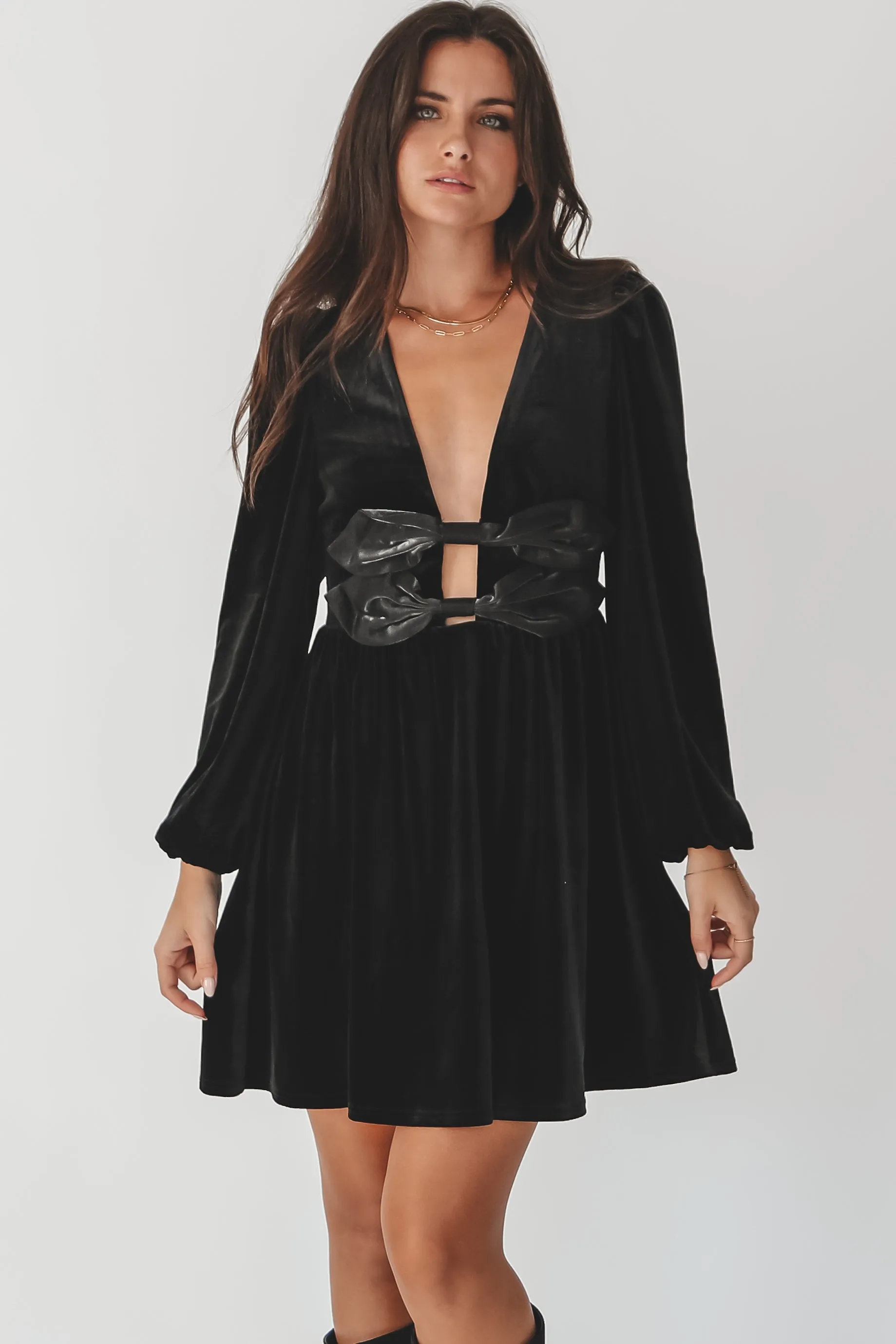 She Has Class Black Velvet Low V Neckline Bow Mini Dress