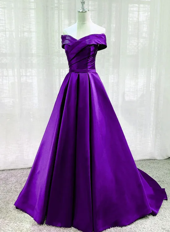 Solvbao Purple Satin Sweetheart Long Party Dress Prom Dress, Off Shoulder Purple Evening Dress