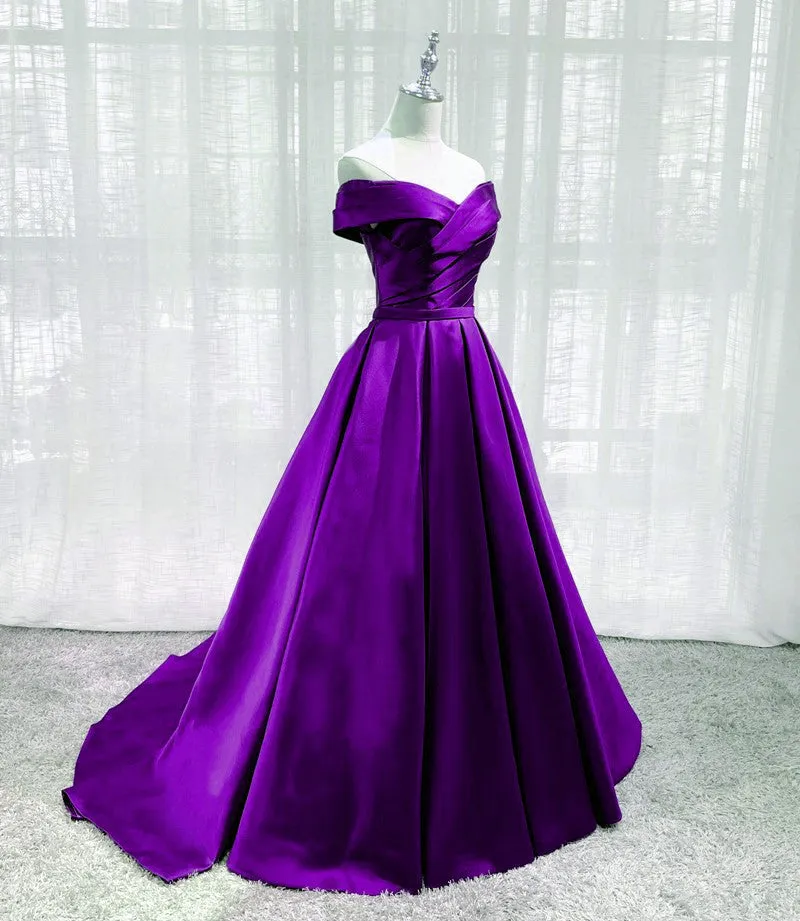 Solvbao Purple Satin Sweetheart Long Party Dress Prom Dress, Off Shoulder Purple Evening Dress