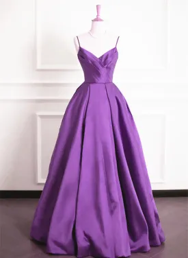 Solvbao Purple Satin V-neckline Straps Long Prom Dress, Purple Evening Dress Formal Dress