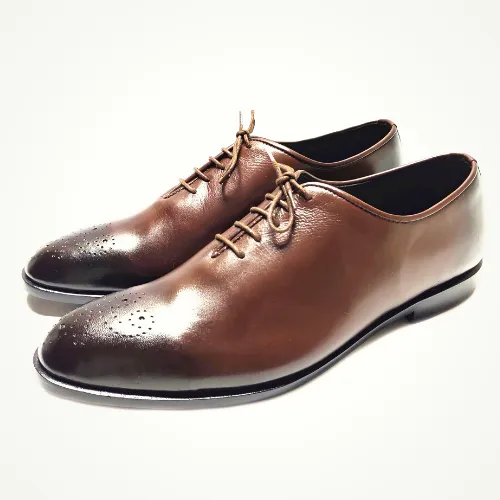 Tailor Made Custom Made Handmade Goodyear Welted Handstitched Hand Dyed Handpainted Dark Brown Shaded Leather Brogue Lace Up Oxford Mens Dress Shoes