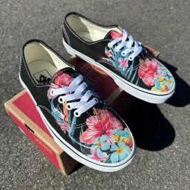 Tropical Floral Black/White Vans Authentic Lace Up Shoes