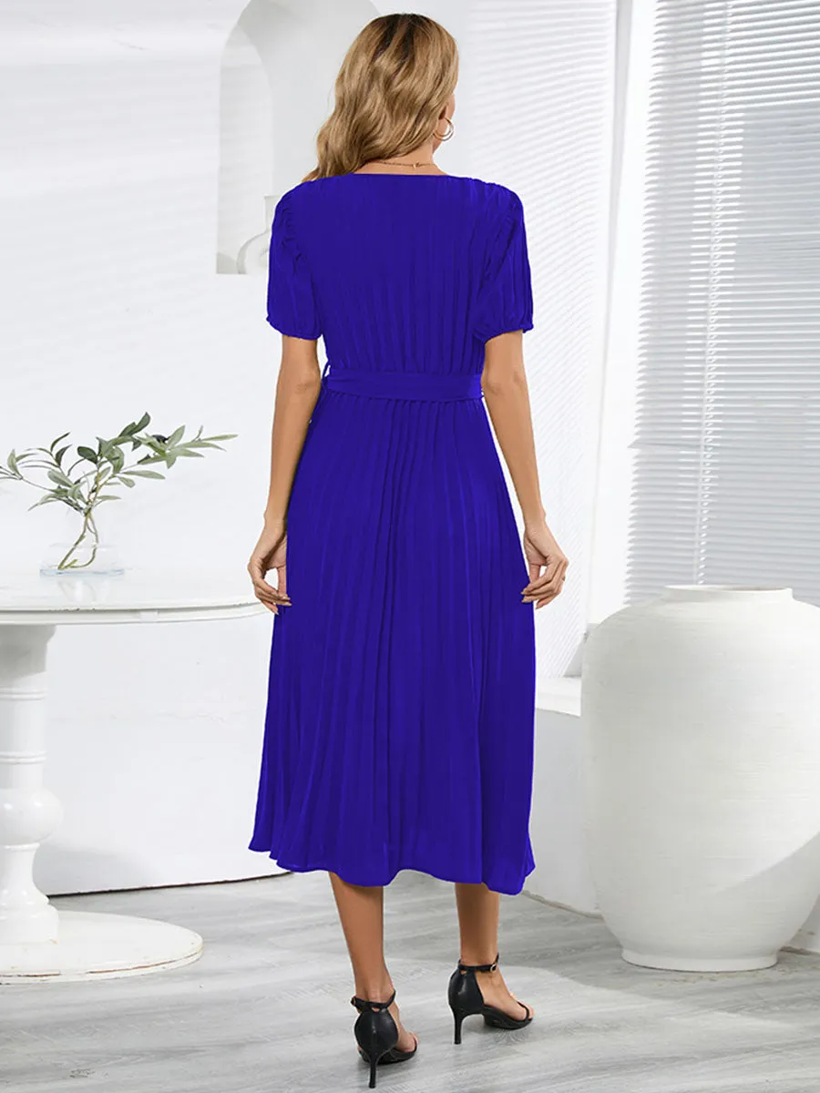 V Neck Short Sleeves Solid Color Pleated Skirt Swing Boho Dress