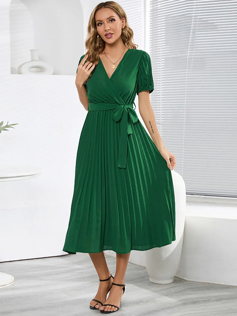 V Neck Short Sleeves Solid Color Pleated Skirt Swing Boho Dress