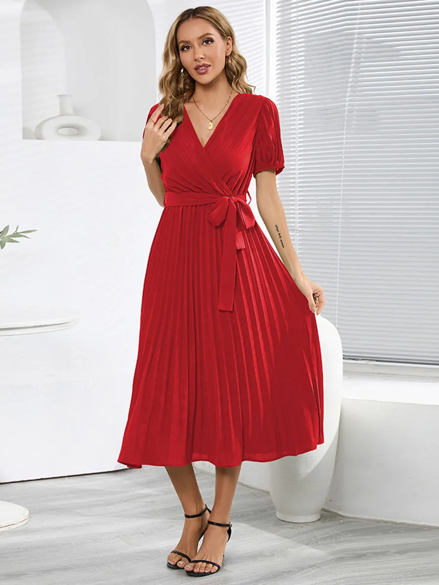 V Neck Short Sleeves Solid Color Pleated Skirt Swing Boho Dress