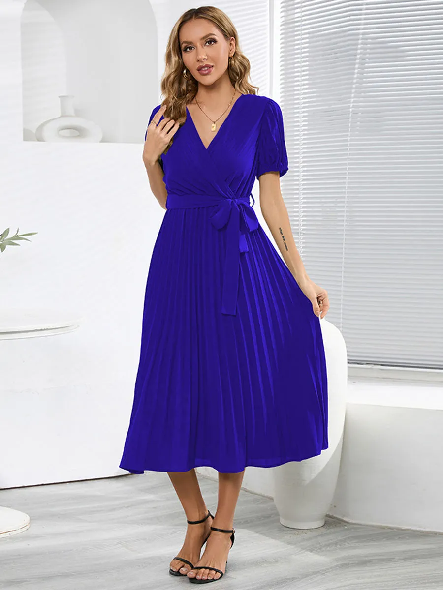 V Neck Short Sleeves Solid Color Pleated Skirt Swing Boho Dress