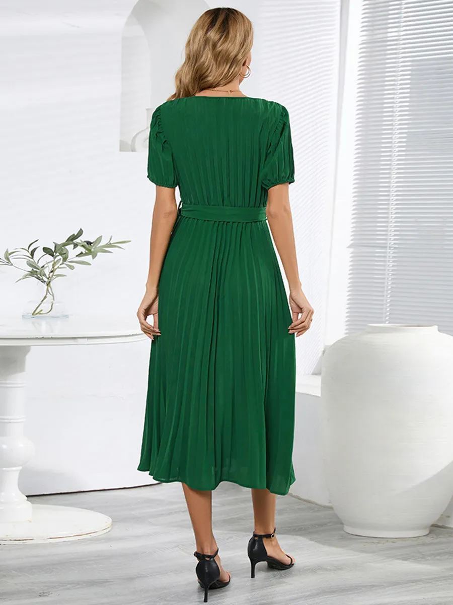 V Neck Short Sleeves Solid Color Pleated Skirt Swing Boho Dress