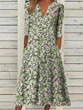 Women's Casual Dress Floral Dress Midi Dress Blue Purple Green Half Sleeve Floral Ruched Summer Spring V Neck Stylish Vacation 2023 S M L XL XXL 3XL