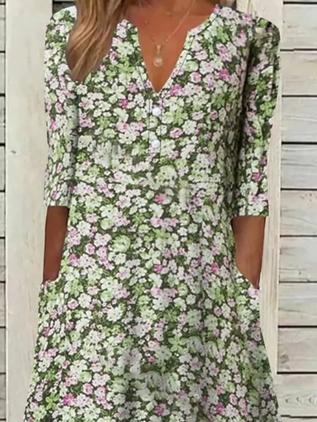 Women's Casual Dress Floral Dress Midi Dress Blue Purple Green Half Sleeve Floral Ruched Summer Spring V Neck Stylish Vacation 2023 S M L XL XXL 3XL