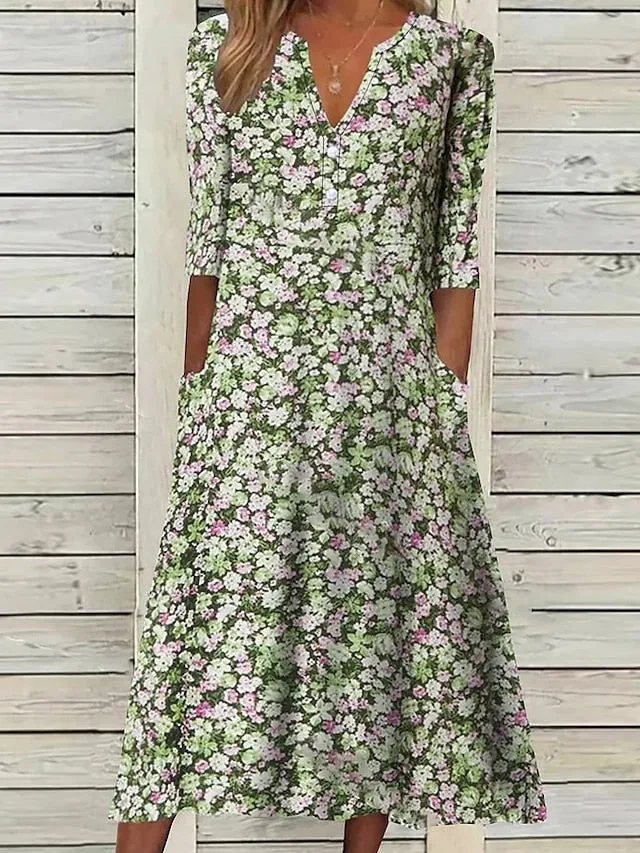 Women's Casual Dress Floral Dress Midi Dress Blue Purple Green Half Sleeve Floral Ruched Summer Spring V Neck Stylish Vacation 2023 S M L XL XXL 3XL